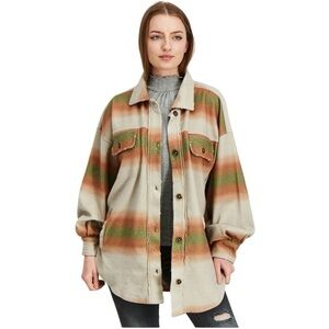 Free People Ruby Ombre Stripes Oversized Cotton Flannel Shacket Coat Women Large